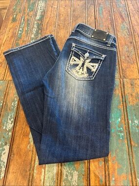 Wired Heart Women's Dark Blue Boot Cut Jeans with Embroidered Cross Back Pocket